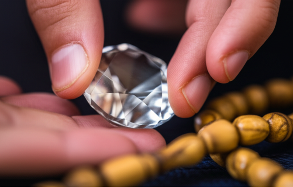 A close-up of a hand gently placing a transparent, multi-faceted gem (representing AI technology) into a traditional Islamic prayer bead (misbaha). The prayer bead should be made of natural material, like wood or olive stone, and slightly blurred in the background to keep the focus on the gem. The hand should have a warm, respectful tone.