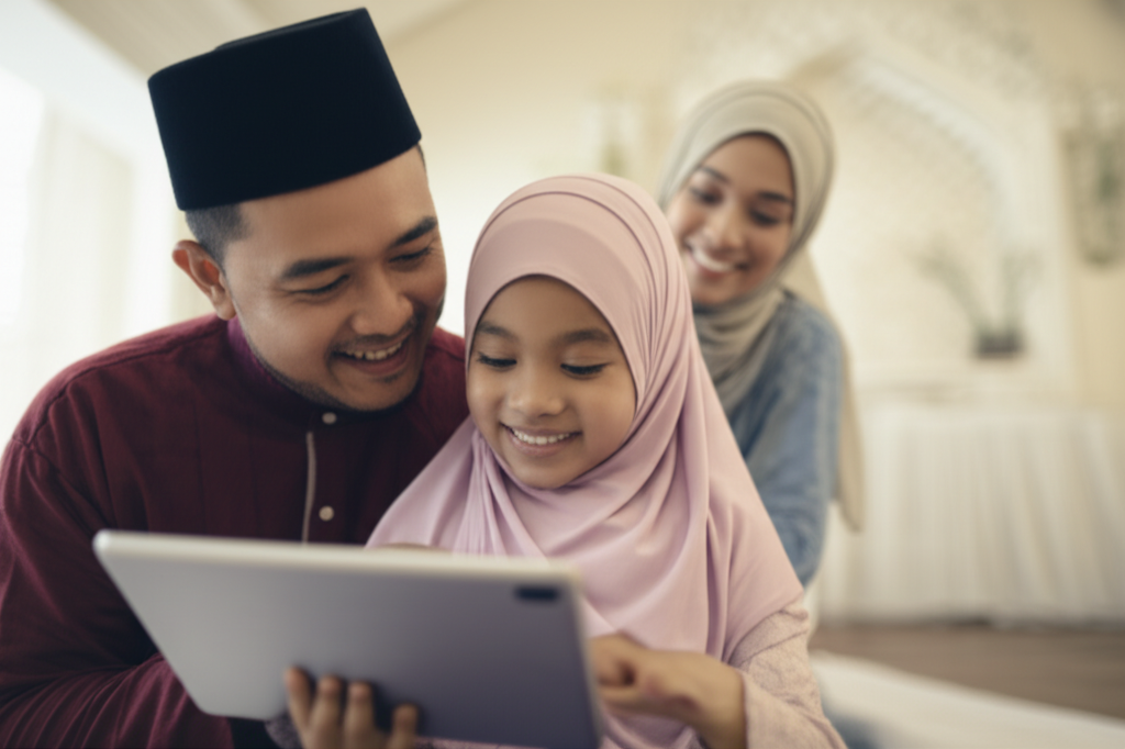 A warm, slightly out-of-focus, family scene depicting a father helping his daughter use a tablet while the mother smiles on, all three figures bathed in a soft, warm light, suggesting a sense of closeness and security. The tablet's screen is subtly blurred, focusing attention on the familial interaction, not the device's content. The family's clothing and background decor subtly hint at traditional Islamic cultural elements.