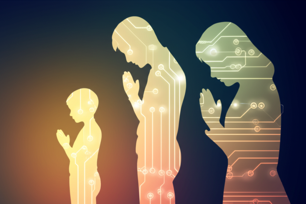 An abstract, softly glowing silhouette of a family (father, mother, child) standing in prayer, overlaid subtly with a faint circuit board pattern. The circuit board doesn't obscure the family, but instead appears to emanate from them, suggesting a harmonious blend of tradition and technology. The color palette should be warm and calming, using shades of gold and deep blue.