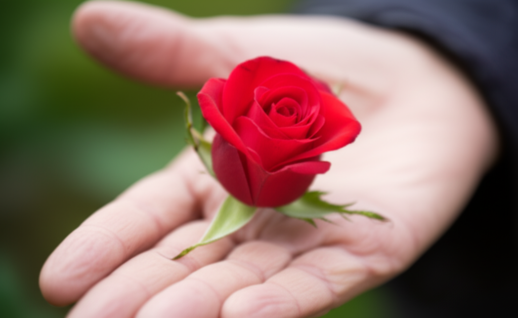 A close-up, slightly blurred image of a wrinkled, but kind and wise-looking, hand gently offering a freshly blooming rose.