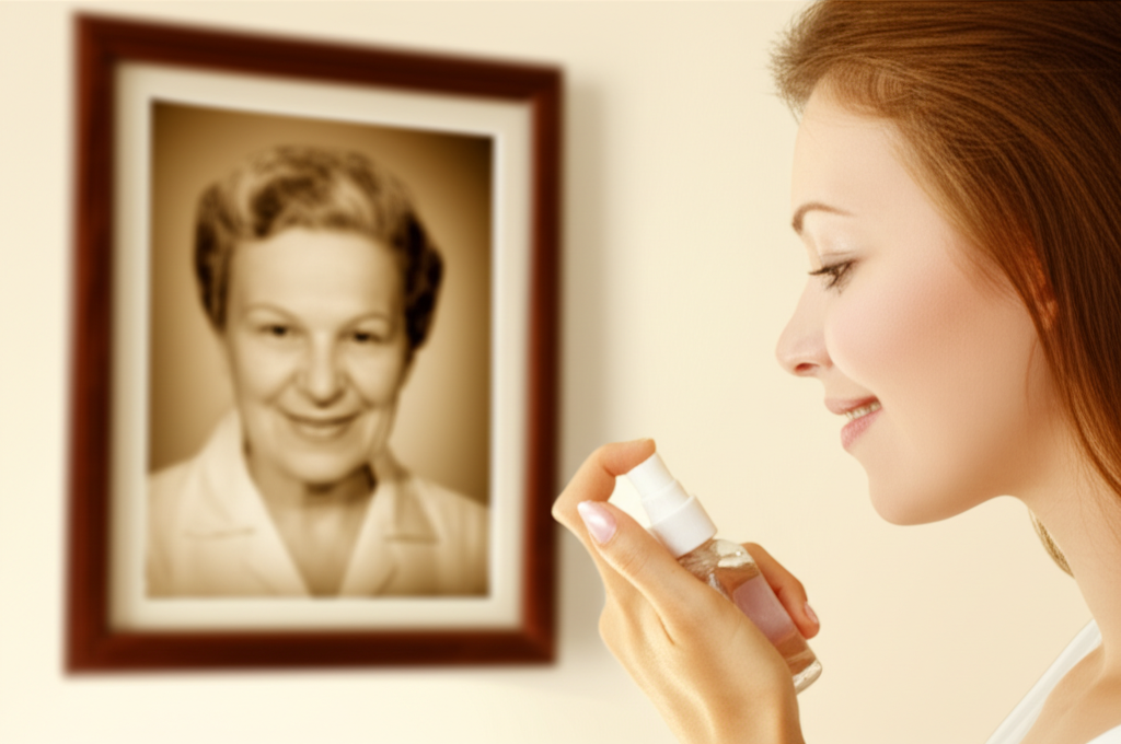 A photograph depicting a modern young woman applying a natural beauty product, like a rosewater spray, with a gentle, knowing smile. Behind her, slightly out of focus, is a framed vintage photograph of an older woman (her grandmother, perhaps) smiling with a similar knowing expression, showcasing a visual connection between past and present. The lighting should be soft and warm, creating a sense of legacy and comfort.