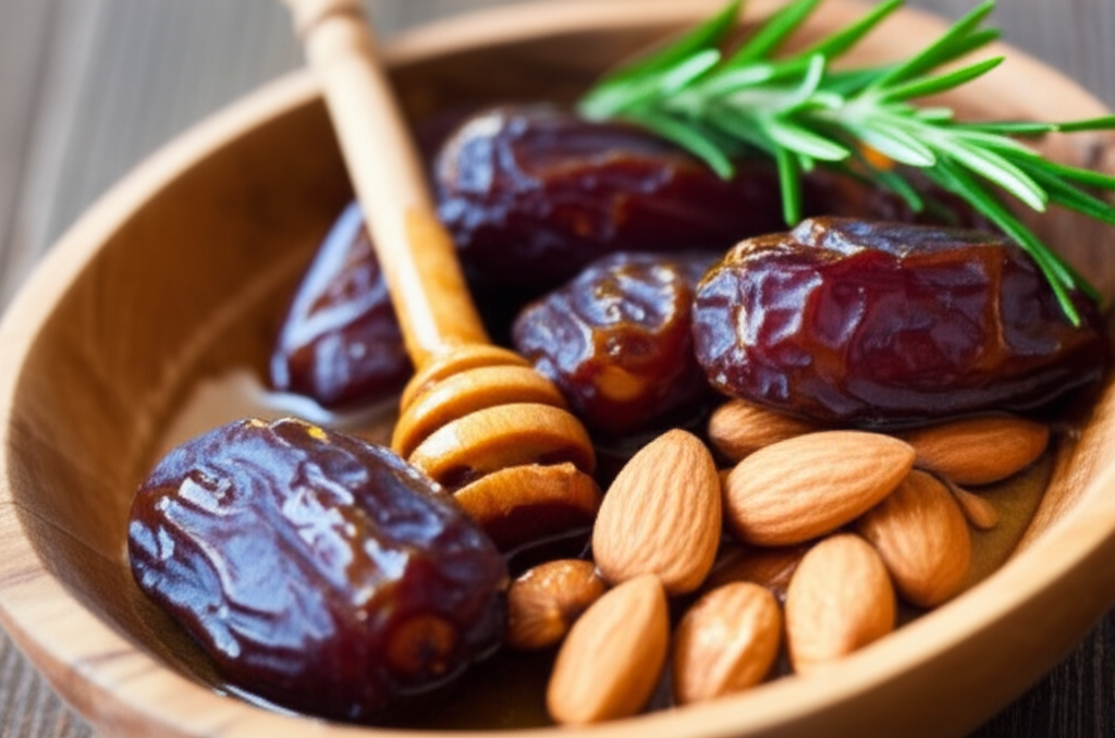 A shallow, rustic wooden bowl filled with several clearly identifiable, whole ingredients. Think plump, dried dates, raw honey dripping from a small wooden dipper nestled inside, a handful of whole almonds, and a sprig of rosemary resting on top. The bowl should be photographed with soft, diffused natural light highlighting the textures and richness of the ingredients.