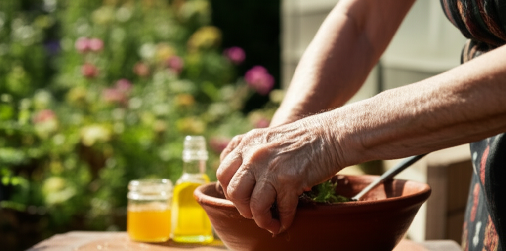 A close-up image featuring a grandmother's hands gently mixing natural ingredients in a traditional clay bowl. The ingredients could include things like honey, herbs, or a natural oil. The background subtly shows a sun-drenched kitchen garden with herbs and flowers.