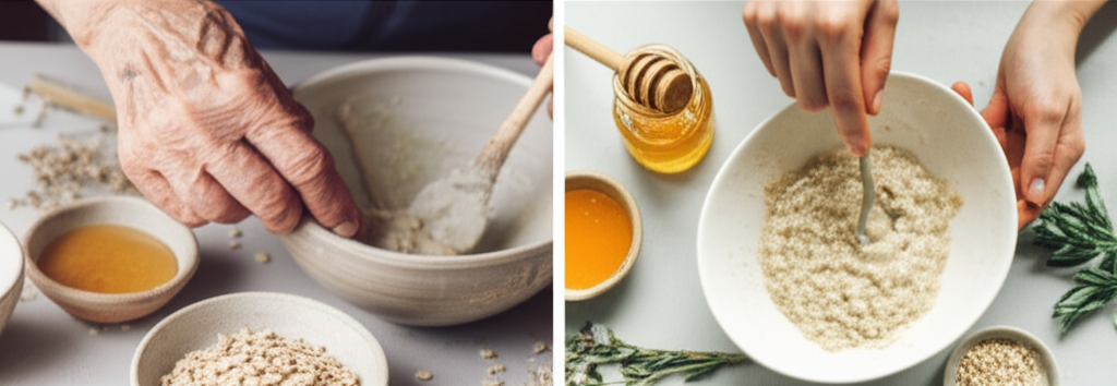 A split-screen image. On one side, a close-up of a grandmother's wrinkled hand gently stirring a creamy mixture in a ceramic bowl. The bowl is surrounded by simple, natural ingredients like honey, oats, and herbs. The other side mirrors this composition, showing a younger woman's hand (presumably the blogger's or a modern woman's hand) similarly stirring a mixture, but in a more modern, minimalist bowl, with similar ingredients presented in a more curated, aesthetically pleasing way (perhaps in glass jars or small ceramic dishes). The lighting is soft and natural on both sides, creating a sense of warmth and nostalgia on the grandmother's side and a sense of clean simplicity on the modern side.