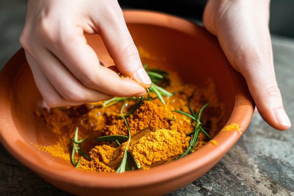 A close-up, softly lit image featuring a woman's hands gently holding and mixing ingredients in a natural clay bowl. The ingredients might include honey, turmeric powder, and a few sprigs of herbs, clearly showing their natural textures and colors. The hands should convey a sense of care and tradition.
