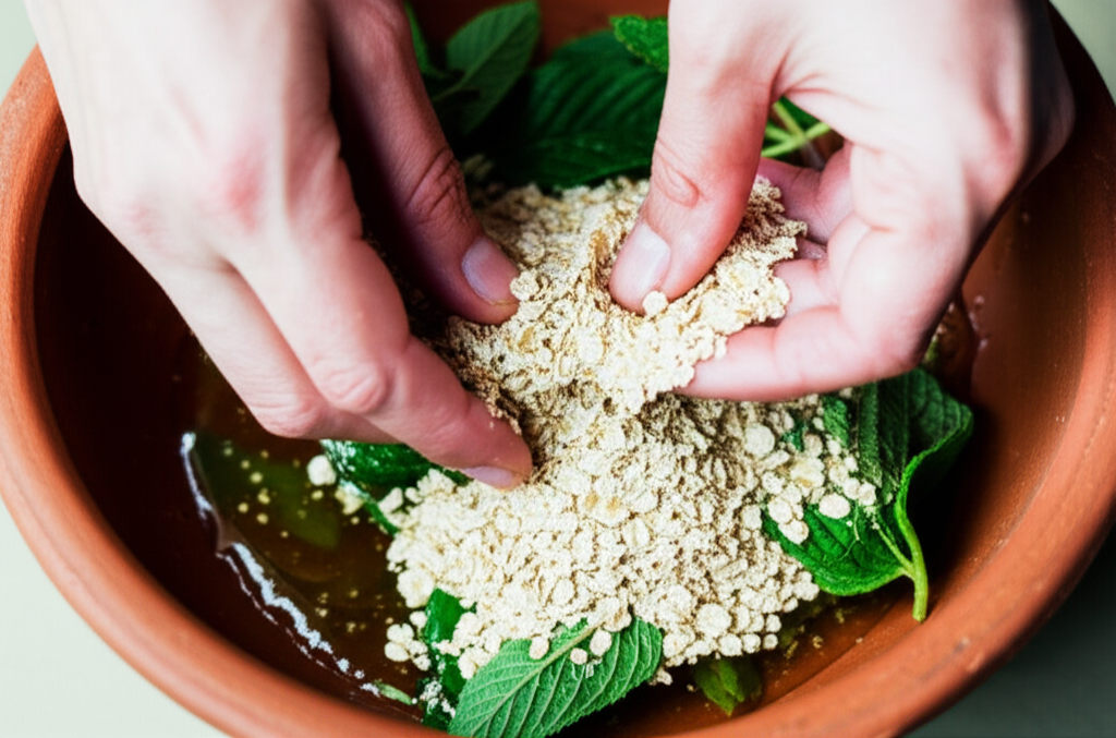 A close-up shot of hands gently mixing natural ingredients in a rustic bowl – think honey, oats, and a vibrant green herb like mint or basil. Focus on the textures and natural colors.