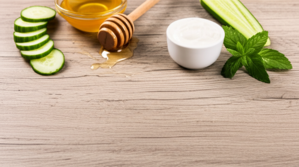 A collection of simple, naturally derived ingredients (like sliced cucumber, honey, a small bowl of yogurt, and a sprig of mint) artfully arranged on a clean, rustic wooden surface. The light should be soft and diffused, creating a warm and inviting feeling.