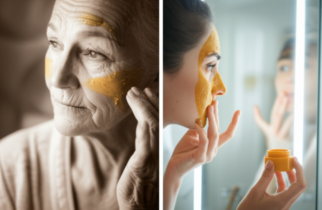 A split-screen image. One side shows a sepia-toned photograph (or a styled modern photo made to look vintage) of a grandmotherly figure with soft wrinkles and kind eyes, gently applying a homemade mask of turmeric paste to her face. The other side shows a modern woman in a well-lit bathroom, similarly applying a similar-looking (but perhaps slightly refined) turmeric mask from a modern, aesthetically-pleasing container, reflecting in a bright mirror. The background details in each side, while distinct, should suggest a sense of calm and self-care.