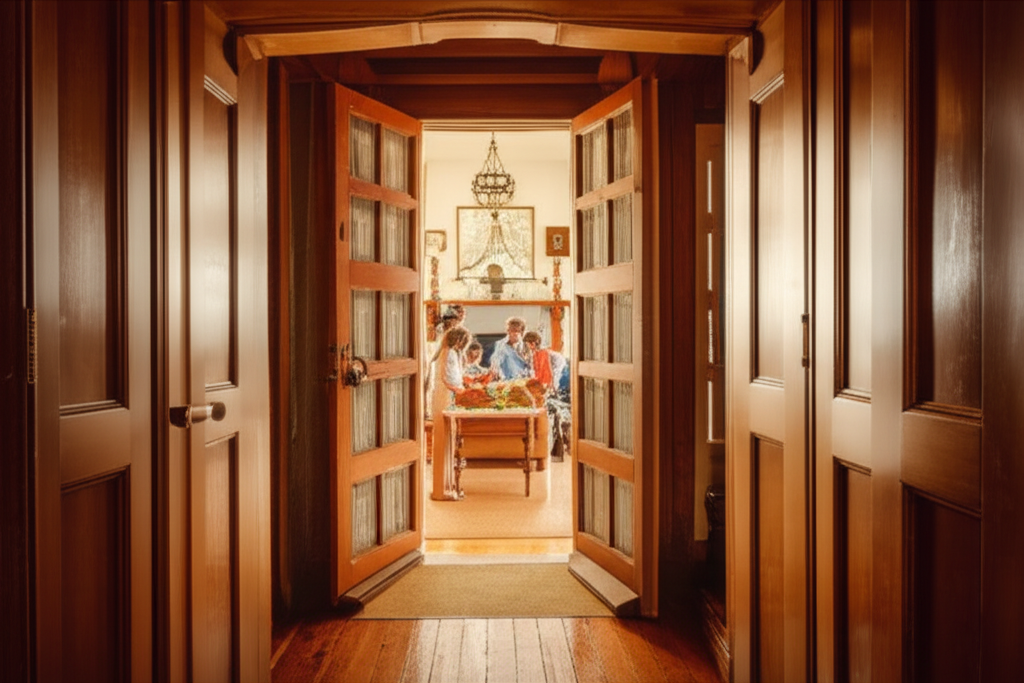 A warmly lit doorway, partially open, revealing a glimpse of a family happily gathered inside a tastefully decorated, yet uncluttered, living room. Soft, natural light filters through the doorway, creating a sense of invitation and peace.