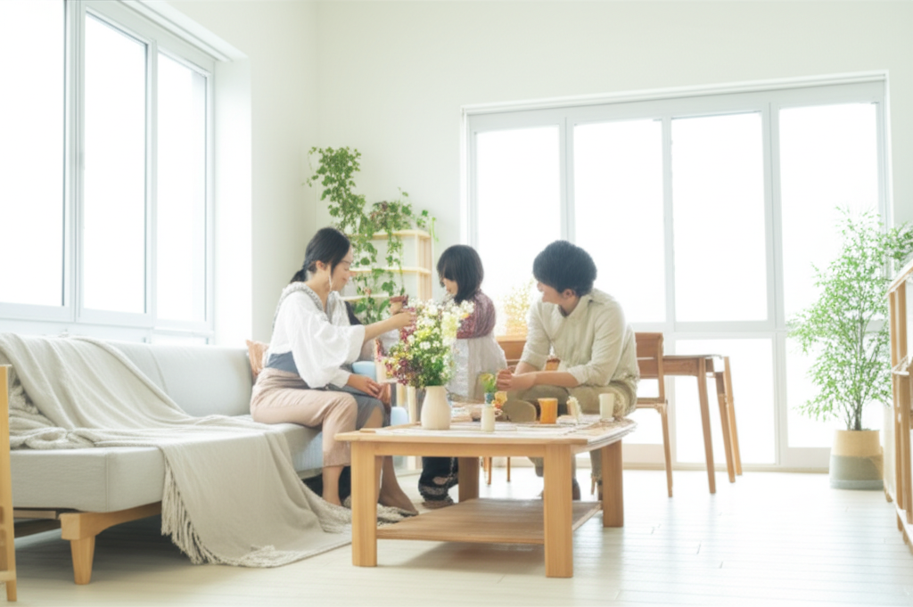 A brightly lit, inviting living room with a family gathered around a coffee table. The decor is simple, tasteful, and modest. One parent is helping a child arrange a vase of flowers, while the other parent looks on, smiling. The room shows elements like clean lines, natural materials, and an uncluttered space, conveying both comfort and a sense of being well-maintained.