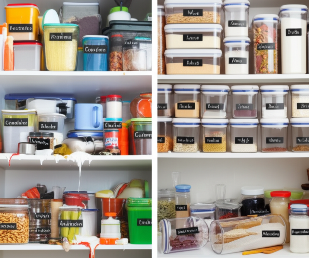 A split-screen image. On one side, a cluttered, disorganized pantry shelf with mismatched containers and spills. On the other side, the same pantry shelf after being neatly organized with matching, transparent containers, labeled clearly, and with easily accessible staples at eye level.