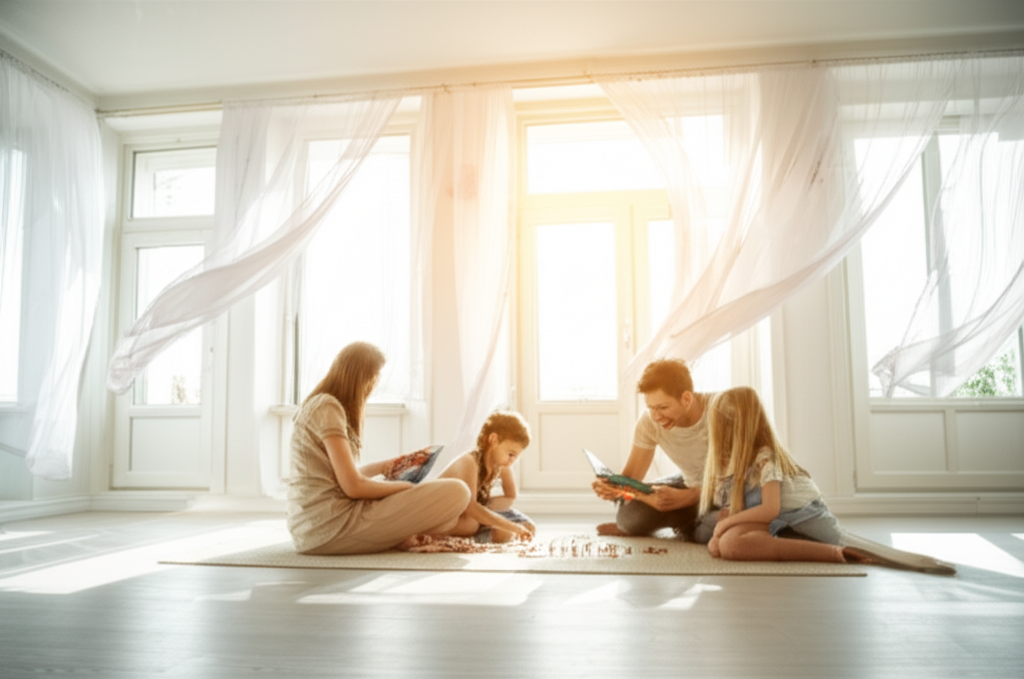 An interior shot showcasing a family (mother, father, and one or two children) enjoying a bright, airy living room. The image focuses on sunlight streaming in through large, uncovered windows, with sheer curtains gently billowing in a breeze coming from open windows on the opposite wall. The family is relaxed and engaged in a quiet activity like reading or playing a board game, bathed in natural light.