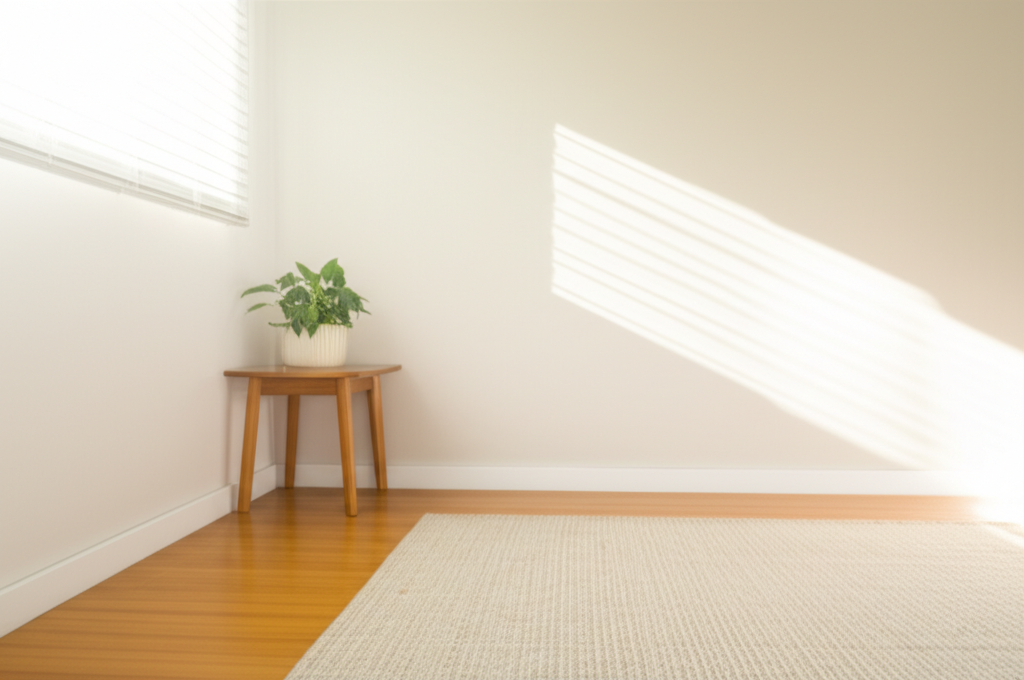A sunlit corner of a living room. It features a freshly painted, light-colored wall, a simple potted plant on a small wooden side table, and a clean, neutral-toned rug on a polished wood floor. The focus is on the clean lines, natural light, and sense of understated elegance, rather than elaborate decor or expensive furnishings.