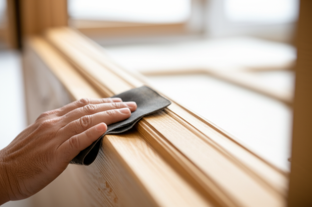 A close-up of a hand smoothly sanding down a well-crafted, natural wood window frame. The wood grain is visible and appears strong and well-maintained. The surrounding setting is blurred, suggesting a bright, naturally lit room.