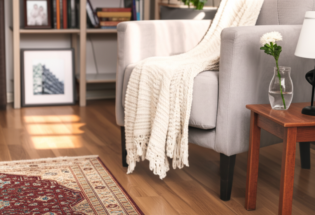 The image shows a corner of a room bathed in soft natural light. A small, intricately patterned prayer rug is neatly placed on a wooden floor. Next to it, a comfortable armchair with a knitted throw blanket sits adjacent to a small, low table with a vase holding a single white flower. In the background, partially visible, is a bookshelf with a few books and a framed family photograph. The overall feel is serene, inviting, and uncluttered.