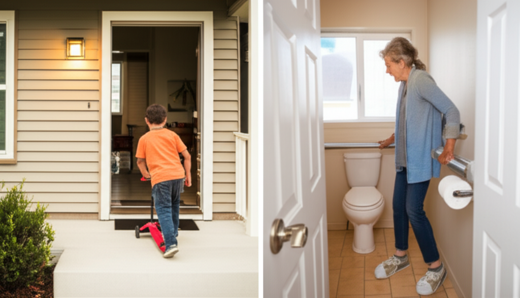 A split-screen image: On one side, a child safely using a ramp to enter the front door of a home. On the other side, an elderly person comfortably using grab bars in a well-lit, accessible bathroom. Both sides should depict warm, inviting homes with clean, uncluttered spaces.