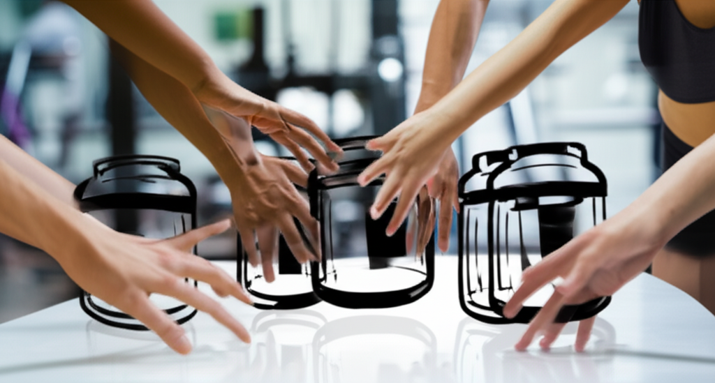 A close-up shot of a diverse group of hands reaching towards stylized, modern-looking supplement containers (protein powder, pre-workout, etc.) that are arranged on a clean, minimalist surface. Light reflects off the containers, highlighting their sleek design. In the background, subtly blurred, is a gym setting, suggesting a fitness environment.