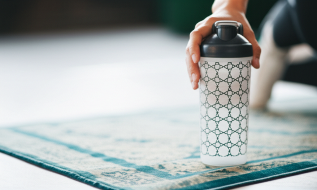 A hand gently placing a shaker bottle, adorned with a subtle and tasteful Islamic-inspired geometric pattern, onto a prayer mat. The background is softly blurred, suggesting a clean and peaceful workout space.