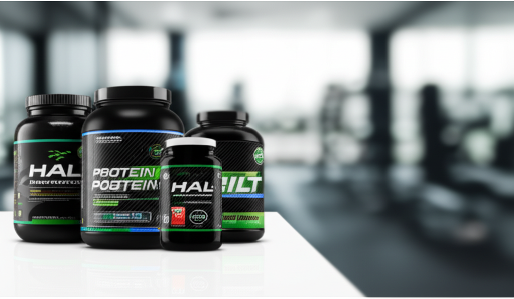 An image showcasing five different supplement containers (protein powder, pre-workout, etc.) arranged neatly on a clean, light-colored surface. Each container prominently displays a Halal certification logo. The background should be blurred but suggest a modern gym or fitness-oriented setting.