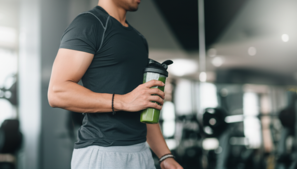 An athlete, facing Mecca while holding a shaker bottle filled with a green smoothie. The athlete is wearing modest workout attire. Subtle prayer beads are visible around their wrist. The background features a clean, modern gym with soft lighting.