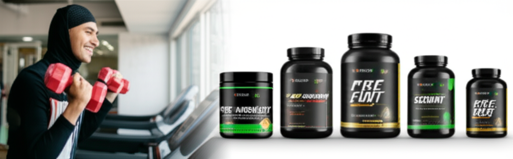 A split image. The left side shows a smiling Muslim athlete mid-workout (e.g., lifting weights, running on a treadmill), visibly energized and focused. The right side shows the five different pre-workout supplement containers lined up neatly, each with distinct branding/colors, subtly implying variety and choice.