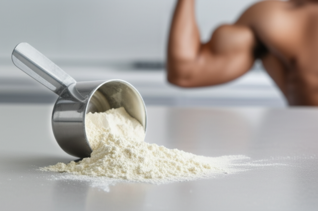 An open, overflowing scoop of protein powder spilling onto a clean, modern kitchen countertop. Behind the scoop is a blurred image of a well-defined, muscular arm flexing, subtly hinting at fitness, but the focus remains on the protein powder.