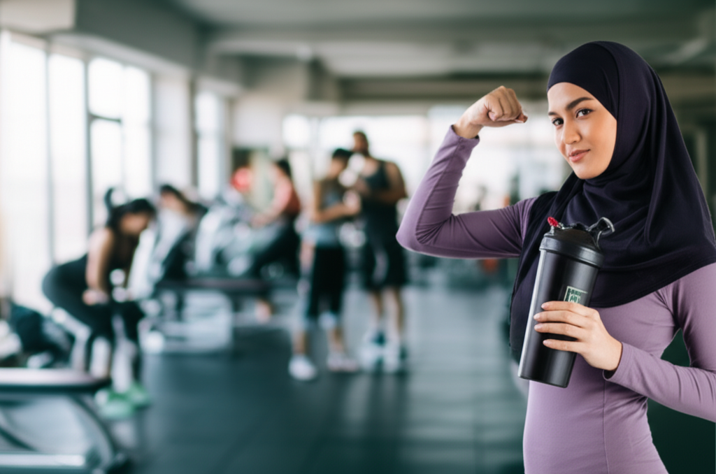 A Muslim athlete (wearing modest athletic attire) holding a shaker bottle in one hand and gently flexing their bicep with the other. There's a small, subtle Halal certification symbol visible on the shaker bottle. The background is a blurred gym setting with diverse individuals working out respectfully.