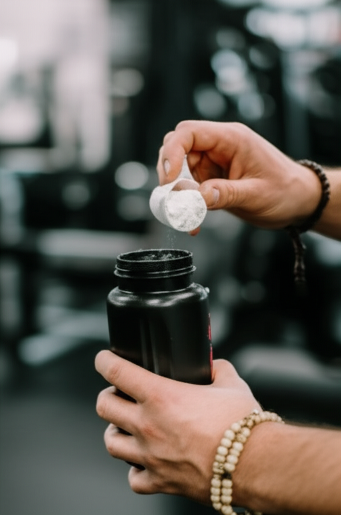 A close-up shot of a hand pouring white creatine monohydrate powder into a shaker bottle, with a prayer bead bracelet (Tasbih) subtly visible on the wrist of the hand holding the bottle. The background is a blurred gym setting.