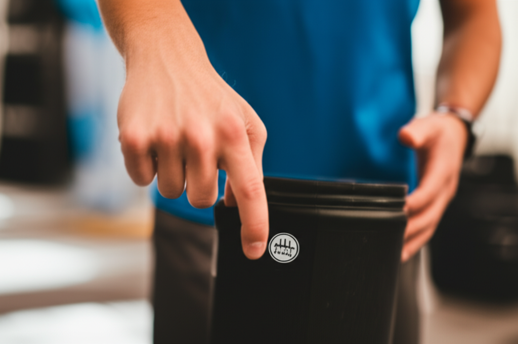 A close-up shot of a hand holding a workout supplement container. The hand is carefully pointing with a finger towards a small, circular Halal certification logo printed on the label.