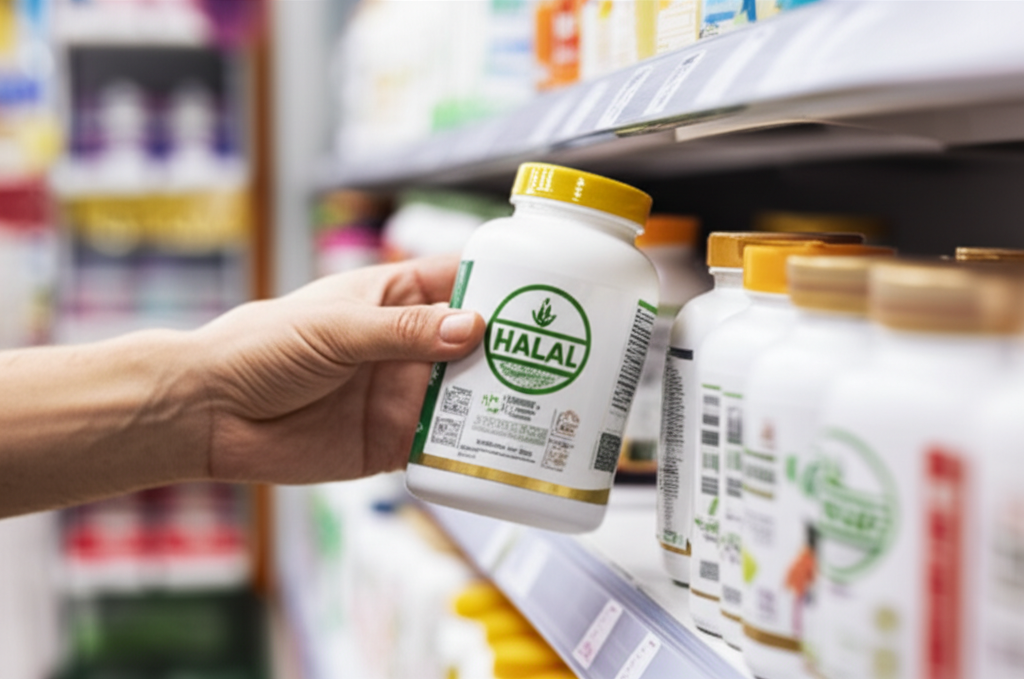 A close-up shot focusing on a hand carefully reaching for a Halal-certified supplement bottle on a well-organized shelf in a health food store or supplement shop. Other similar bottles and product packaging are visible, subtly blurring into the background.