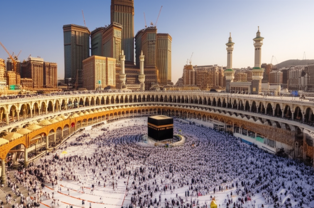 An aerial view, slightly oblique, focusing on the Masjid al-Haram (Grand Mosque) in Mecca. The Kaaba is prominently centered, surrounded by worshippers circumambulating it. The photograph is taken during either sunrise or sunset, bathing the scene in warm, golden light and casting long shadows that accentuate the architectural details and patterns of the mosque's courtyards and minarets. The composition emphasizes the vastness of the space and the flow of people, creating a sense of both serenity and bustling spiritual activity.