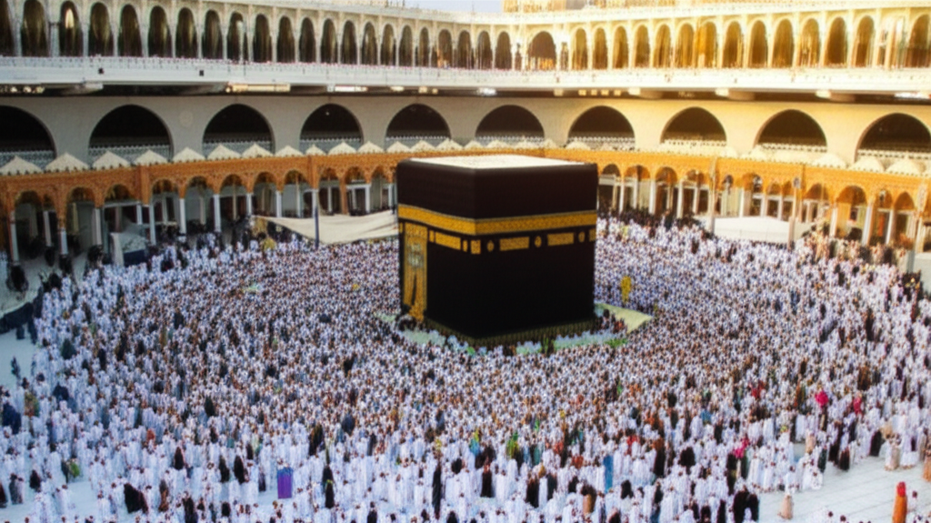 A high-angle, slightly blurred, and ethereal shot of pilgrims circumambulating the Kaaba during sunset. The golden light bathes the scene, emphasizing the flow and unity of the movement, and the architectural details of the Masjid al-Haram subtly frame the scene in the background.