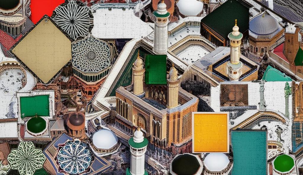 A high-angle, slightly abstract image showing a mosaic-like pattern created from close-up aerial shots of different elements of Halal architecture in Mecca. Think rooftop details, courtyard layouts, minaret tops, and geometric patterns, all fitting together like puzzle pieces to form a cohesive, visually rich whole. Focus on vibrant color and intriguing shapes.