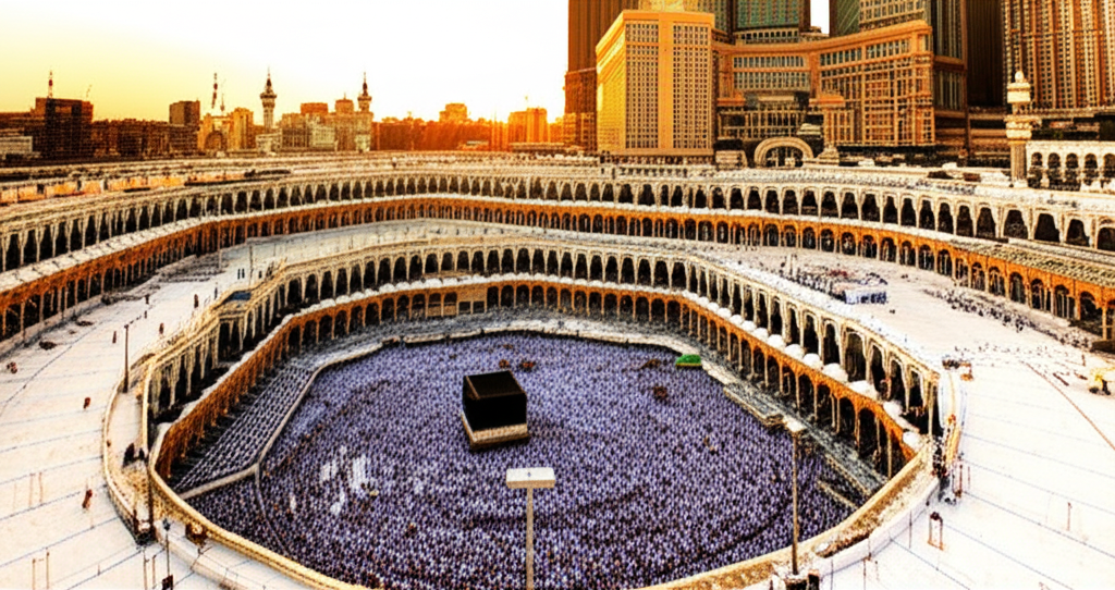 A high-angle aerial view of the Masjid al-Haram (Grand Mosque) in Mecca, bathed in the warm glow of sunrise. The image should showcase the complex geometry of the mosque's architecture, the flow of pilgrims moving in prayer, and the overall sense of peace and spiritual grandeur. The focus should be on the patterns and forms created by the buildings and the people, with no visible faces identifiable to respect privacy.