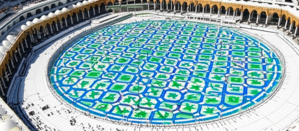 A high-angle, slightly oblique aerial photograph focusing on the geometric tilework pattern of a courtyard or plaza within the Grand Mosque of Mecca. The patterns should be vibrant and distinct, contrasting with the surrounding architecture and demonstrating the meticulous design and scale.