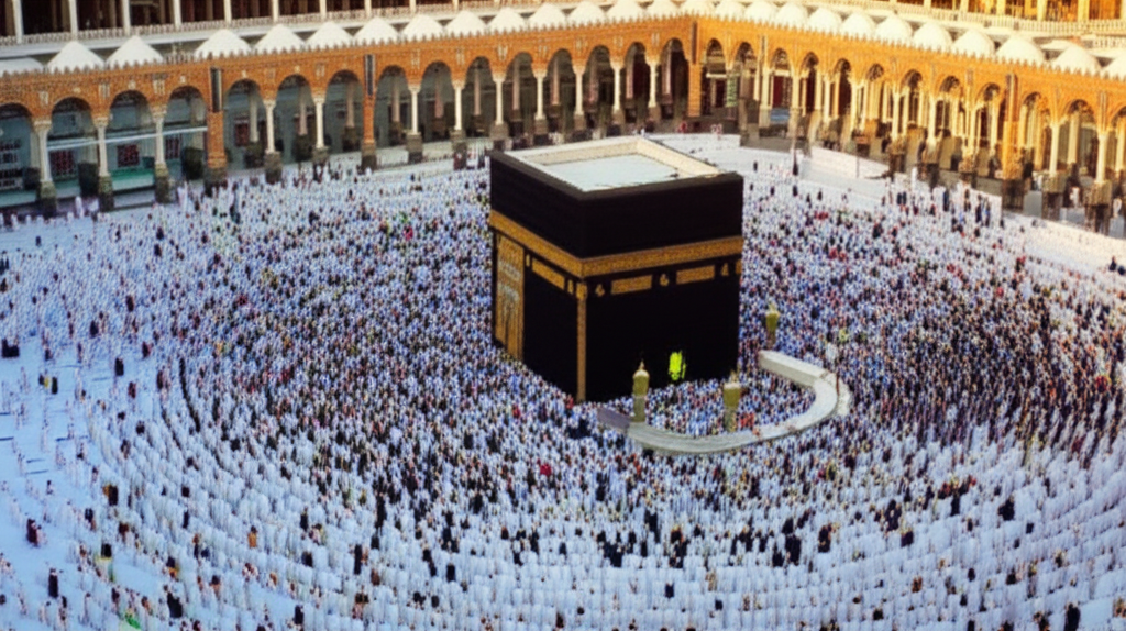 A breathtaking aerial view of the Masjid al-Haram (Grand Mosque) at dawn, capturing the soft, warm light illuminating the Kaaba and the surrounding structures, filled with pilgrims performing Tawaf (circumambulation), creating a sense of vastness and spiritual unity. The image focuses on the interplay of light and shadow highlighting the architectural details.