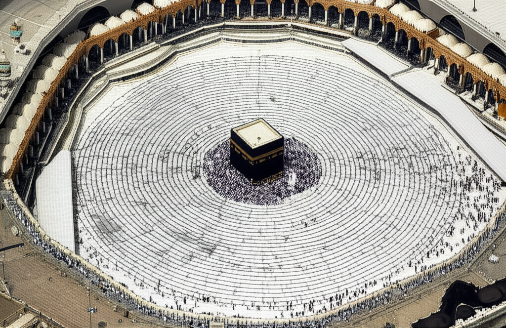 A detailed, high-resolution aerial photograph showcasing the geometric patterns and material textures (marble, gold accents, tilework) of the courtyard surrounding the Kaaba, emphasizing the scale and precision of the craftsmanship from a unique perspective.