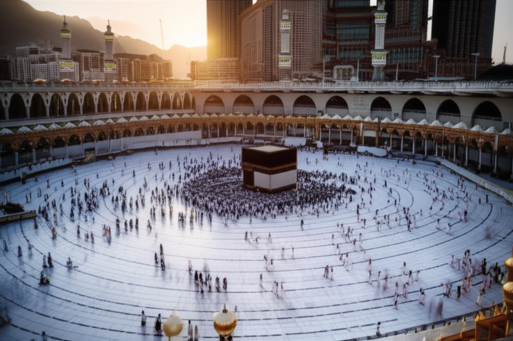 A high-angle aerial view of the Masjid al-Haram courtyard in Mecca during early morning. The shot focuses on the interplay of long, dramatic shadows cast by the minarets and surrounding structures across the white marble, with the rising sun partially obscured by a minaret, creating a luminous halo effect. Pilgrims are present, blurred in motion, emphasizing the scale and dynamism of the space.