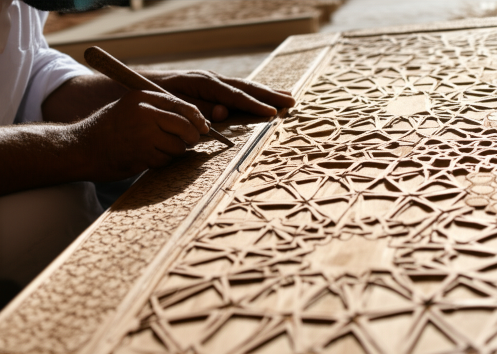 A low-angle, eye-level view of a craftsman's hands meticulously carving intricate geometric patterns into a wooden panel destined for the interior of a newly constructed halal architectural element in Mecca. Sunlight highlights the detail of the carving and the texture of the wood.