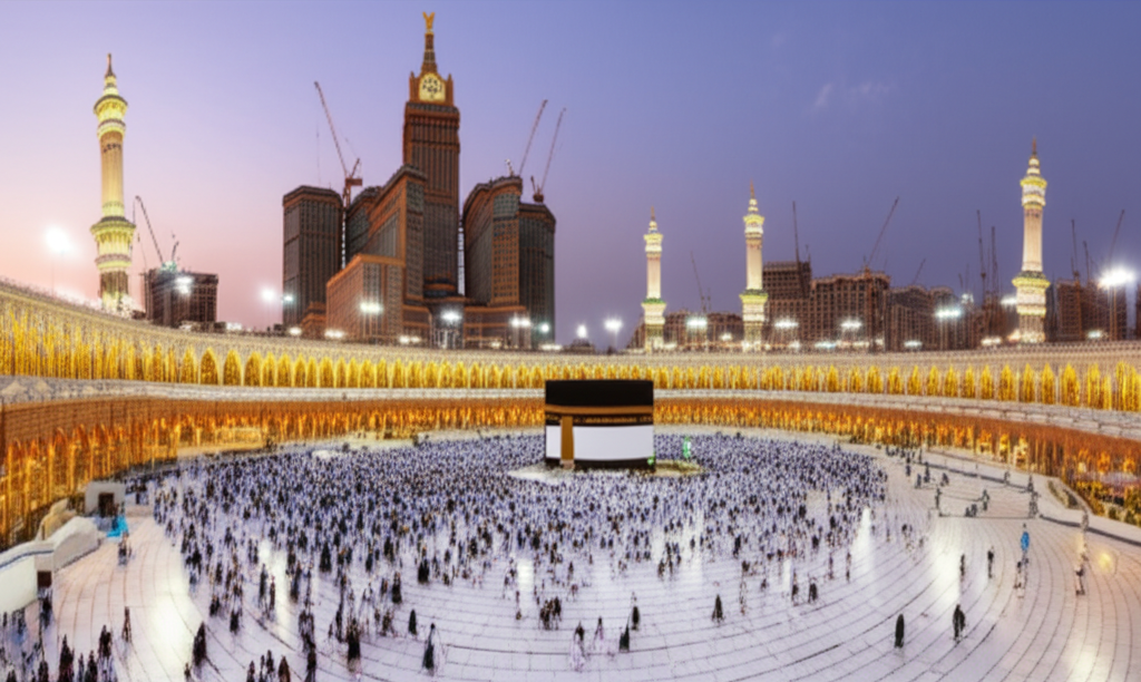 A high-angle panoramic shot of the Masjid al-Haram (Grand Mosque) at dusk. The golden light is reflecting off the marble courtyard, highlighting the geometric patterns of the architecture and the Kaaba, with people walking reverently around it. The minarets stand tall against the fading sky, radiating light.