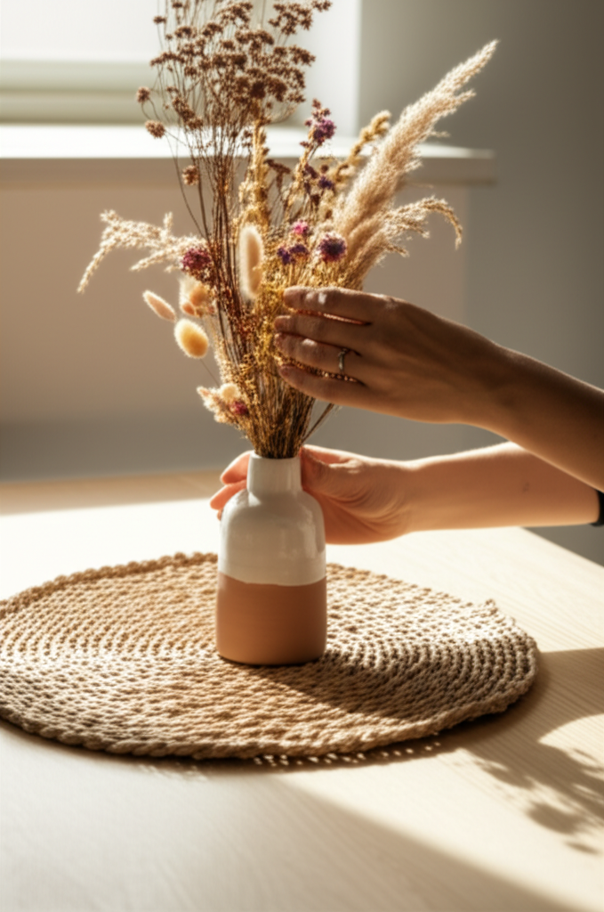 A close-up shot of a woman's hands gently arranging dried flowers and grasses in a hand-painted ceramic vase. The vase sits on a woven natural fiber placemat atop a clean, minimalist wooden table. Sunlight streams in from a nearby window, casting a warm glow on the scene.