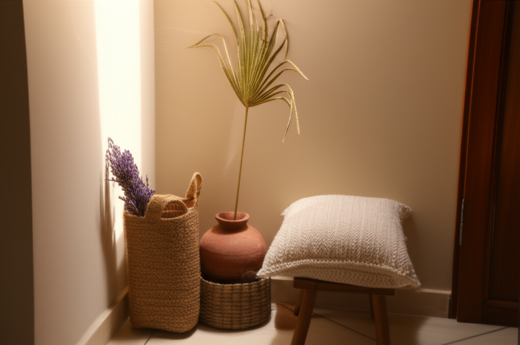 A warmly lit corner of a room showcasing several small, handcrafted decor items: a woven jute basket holding a few sprigs of dried lavender, a simple clay vase with a single, perfect date palm frond, and a subtly textured cotton cushion on a low stool. The overall impression is serene, inviting, and unpretentious.