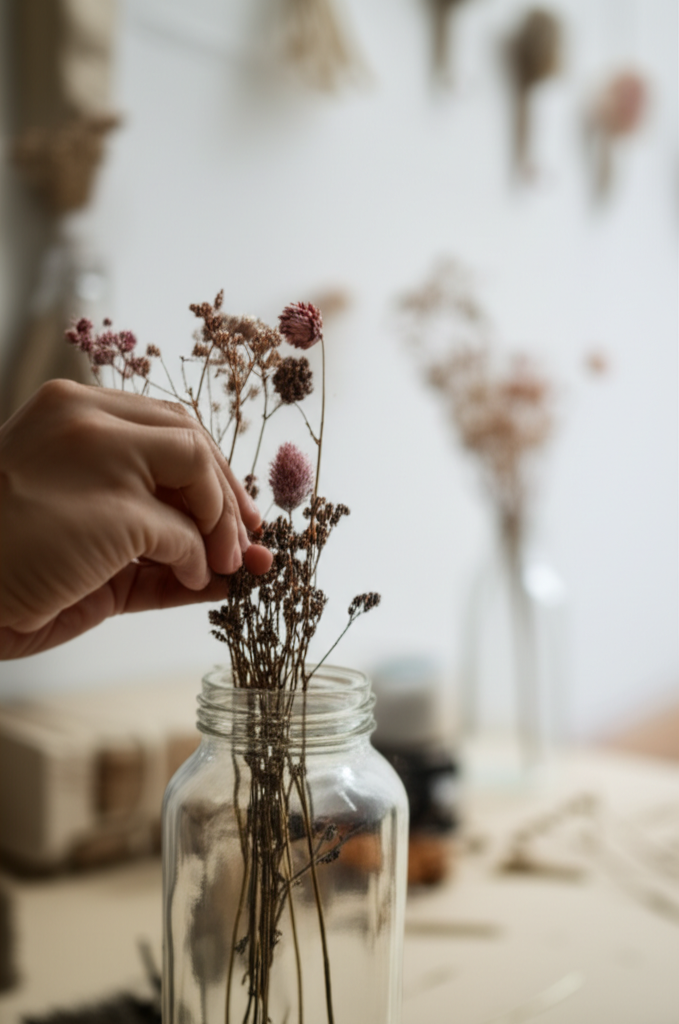 A close-up shot of hands delicately arranging dried flowers into a simple, yet elegant arrangement inside a repurposed glass jar, with a soft, natural light source illuminating the scene. The background should be slightly blurred but hint at a clean, minimalist room decorated with other similar natural, DIY elements.
