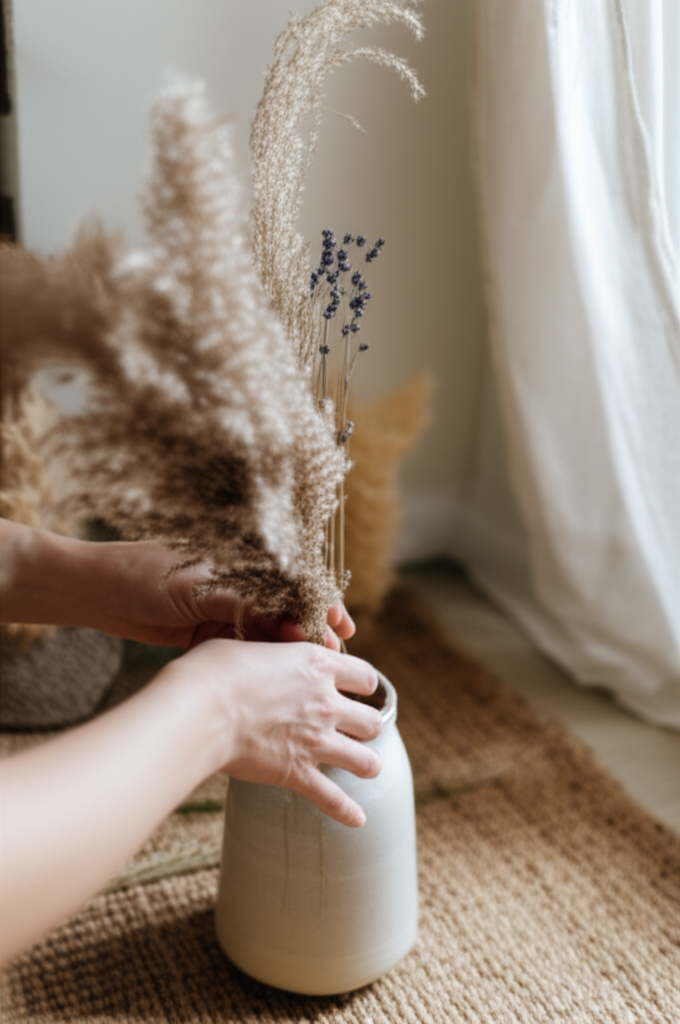 A close-up shot focusing on hands arranging dried flowers (like pampas grass or lavender) in a simple, unglazed ceramic vase. The background is softly blurred, suggesting a minimalist, light-filled room with natural textures like a woven rug or a linen curtain slightly visible. The hands are unadorned and the overall feeling is serene and tactile.