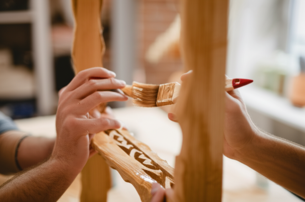 A close-up shot showcasing a pair of hands (one male, one female, representing a family) carefully applying a natural-looking wood finish onto a small, intricately carved wooden shelf. The background is slightly blurred, featuring a warm, inviting home setting with soft, natural light.