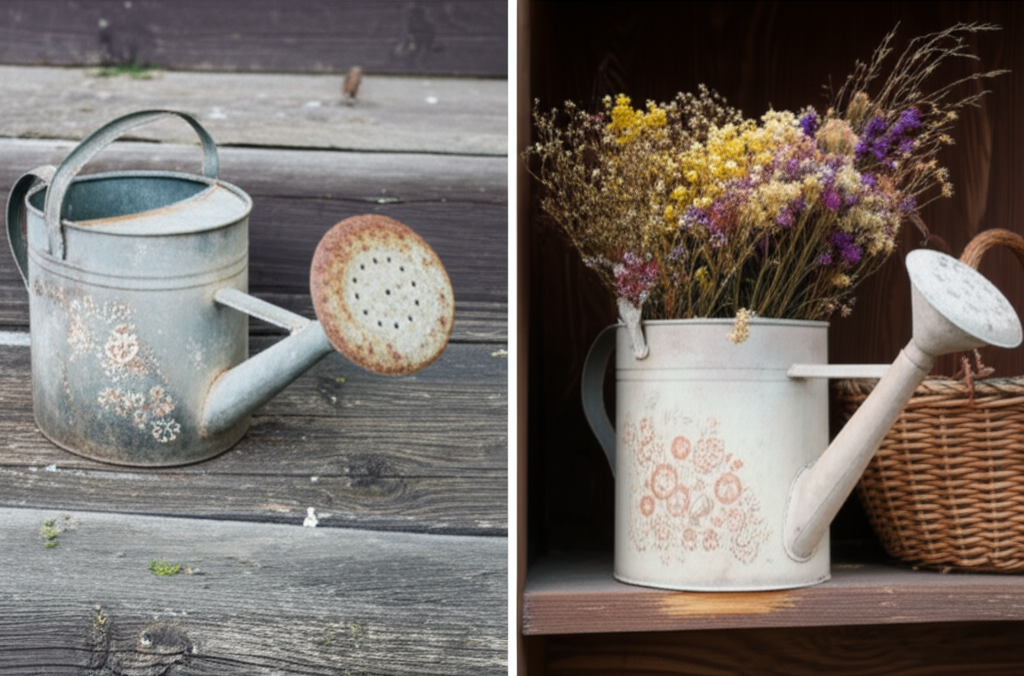 A split-screen image: On one side, a worn-out, slightly rusted metal watering can sits on a weathered wooden surface. On the other side, the same watering can is now painted with subtle, muted floral patterns using natural earth pigments and filled with dried flowers and grasses, artfully displayed as a decorative piece on a shelf alongside a handwoven basket.