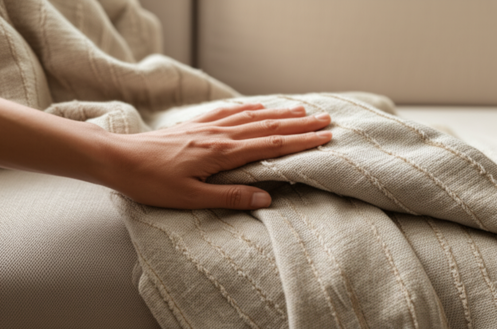 A close-up shot showcasing a hand gently smoothing a textured, woven throw blanket made of natural fibers like undyed cotton or linen over a neutral-colored sofa. The lighting is soft and warm, highlighting the subtle details of the fabric's weave and creating a sense of cozy comfort and natural simplicity.