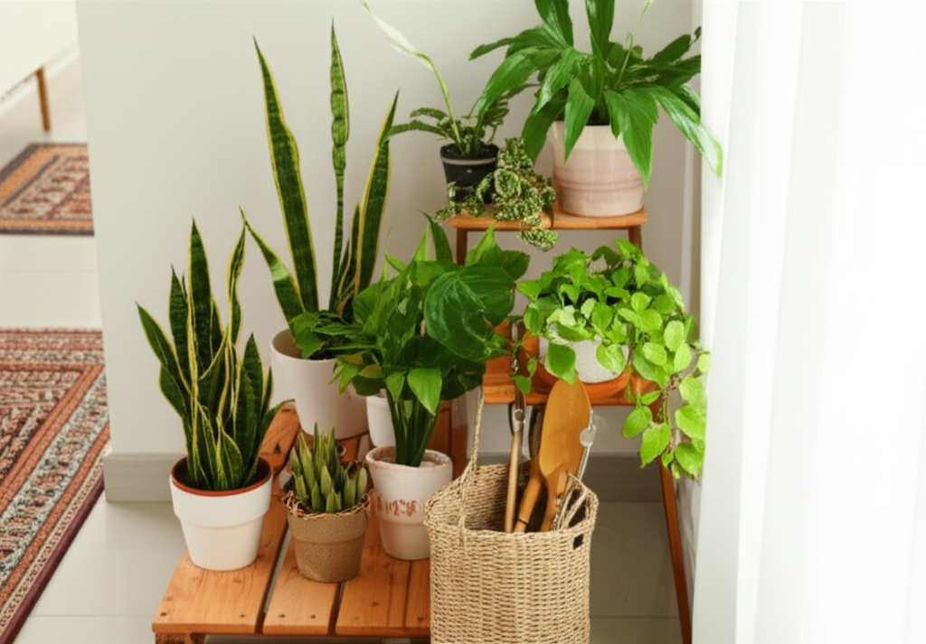 A sunlit corner of a simply decorated room, showcasing a variety of potted plants (such as snake plants, pothos, or peace lilies) arranged on a small, handcrafted wooden shelf. The plants are thriving, and there's a woven basket nearby containing gardening tools made of natural materials like wood and bamboo. A prayer rug is subtly visible in the background, indicating a peaceful and mindful home environment.