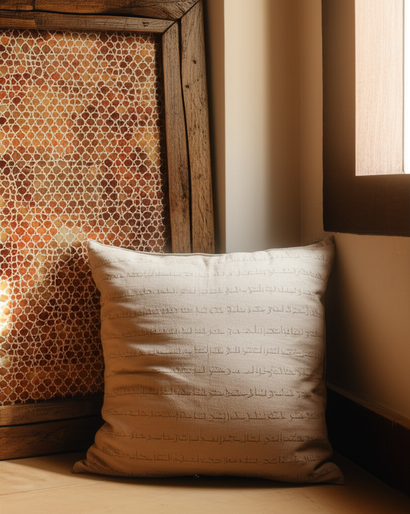 A warmly lit, inviting corner of a living room. A handmade wooden frame (using reclaimed wood) showcasing an intricate geometric Islamic tile pattern painted in earthy tones (ochre, terracotta, and cream). Next to it, a hand-stitched cushion made of undyed cotton featuring minimalist Arabic calligraphy (perhaps a single, elegant word like 
