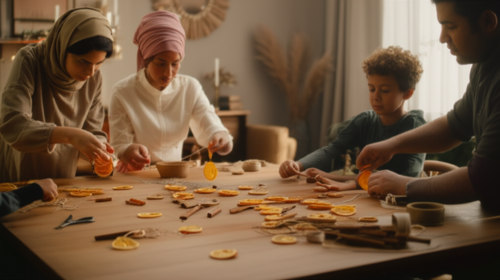 A softly lit scene showing a diverse family (mother wearing a headscarf, father, and two children of different ages) gathered around a large wooden table. They are collaboratively working on a single project: stringing dried orange slices and cinnamon sticks onto a natural twine to create a fragrant garland. The materials are scattered across the table alongside simple crafting tools like scissors and a needle. The atmosphere is warm and focused, capturing a sense of shared activity and joy. The backdrop is a subtly decorated living room featuring natural textures and muted, earthy tones.